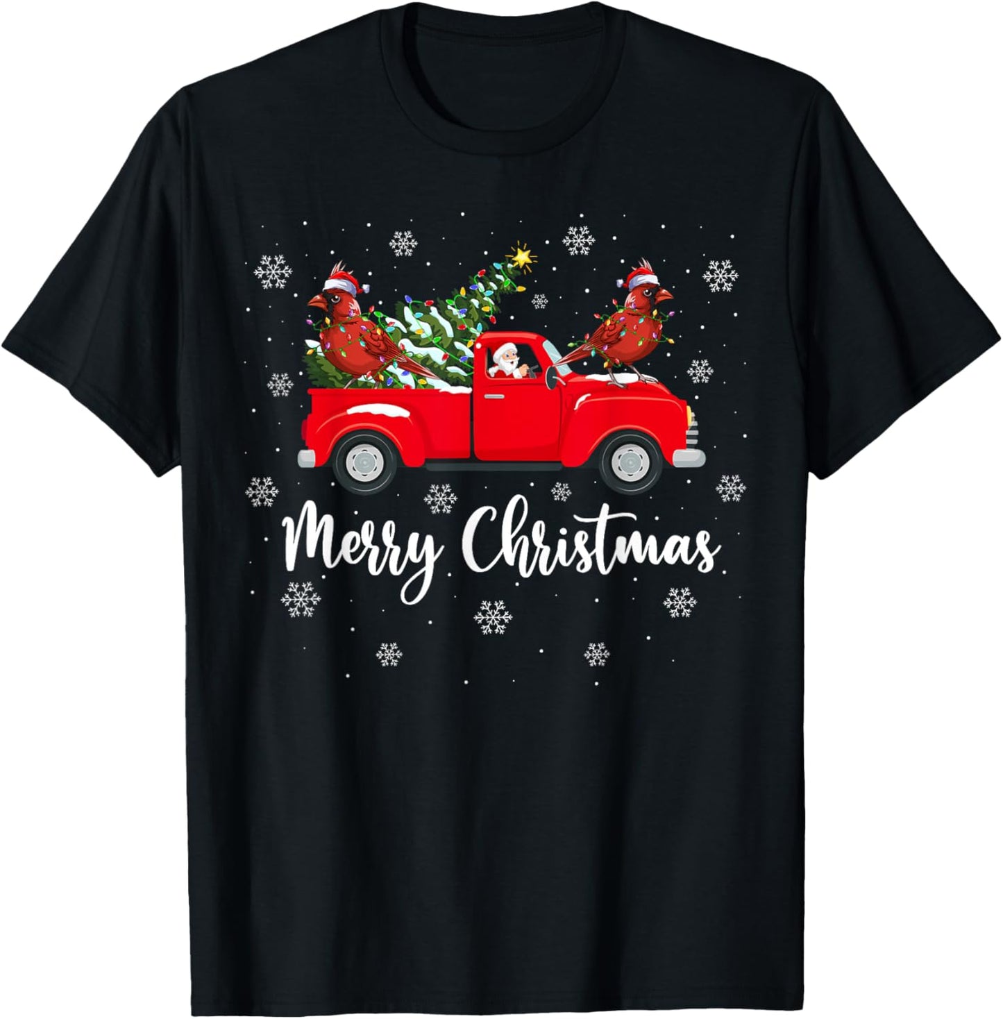 Santa Riding Red Truck Northern Cardinal Bird Christmas T-Shirt - T-Shirt | Black
