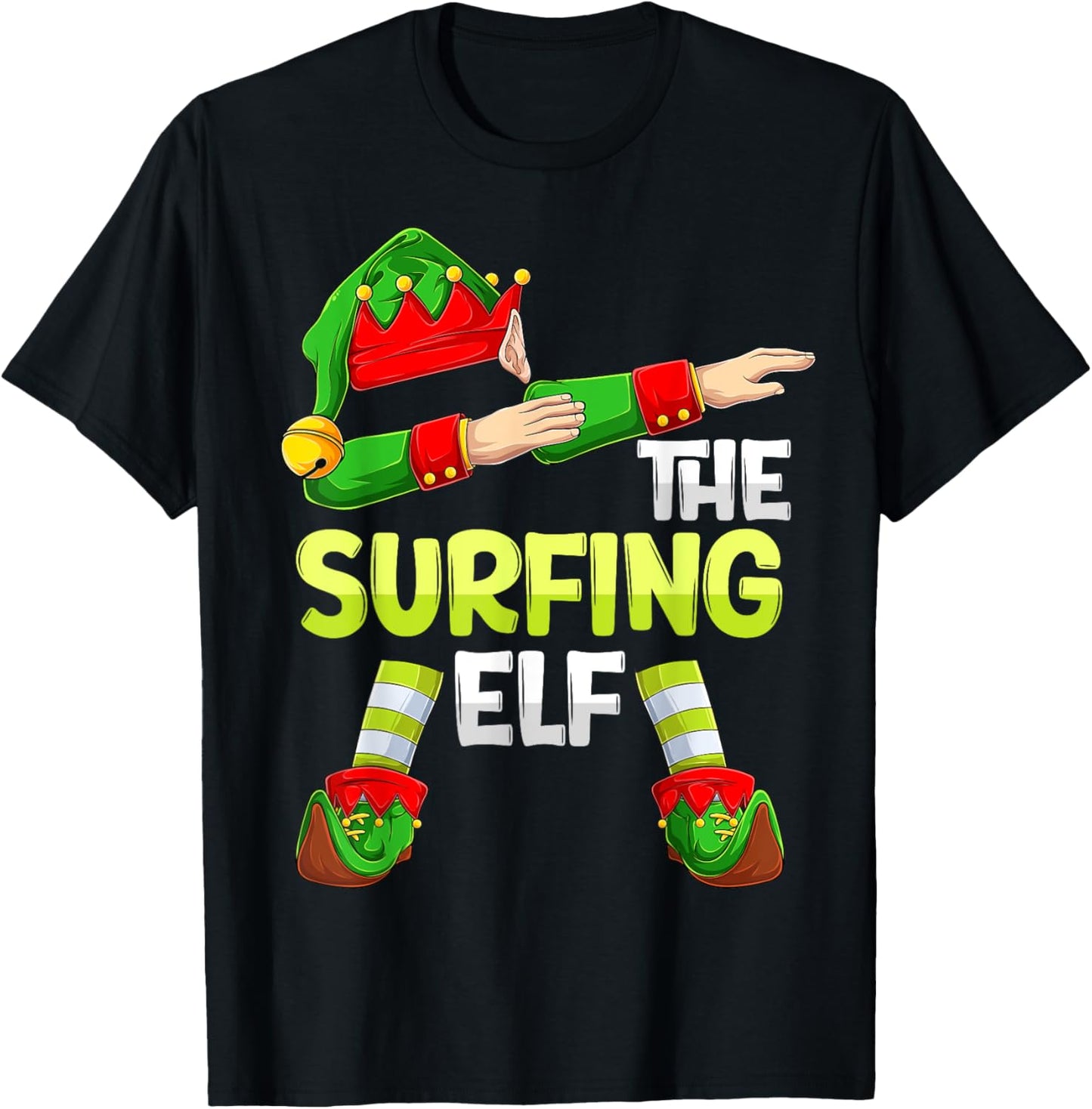 Dabbing Elf Christmas Surfer Surf The Surfing Elf T-Shirt - T-Shirt | Black
