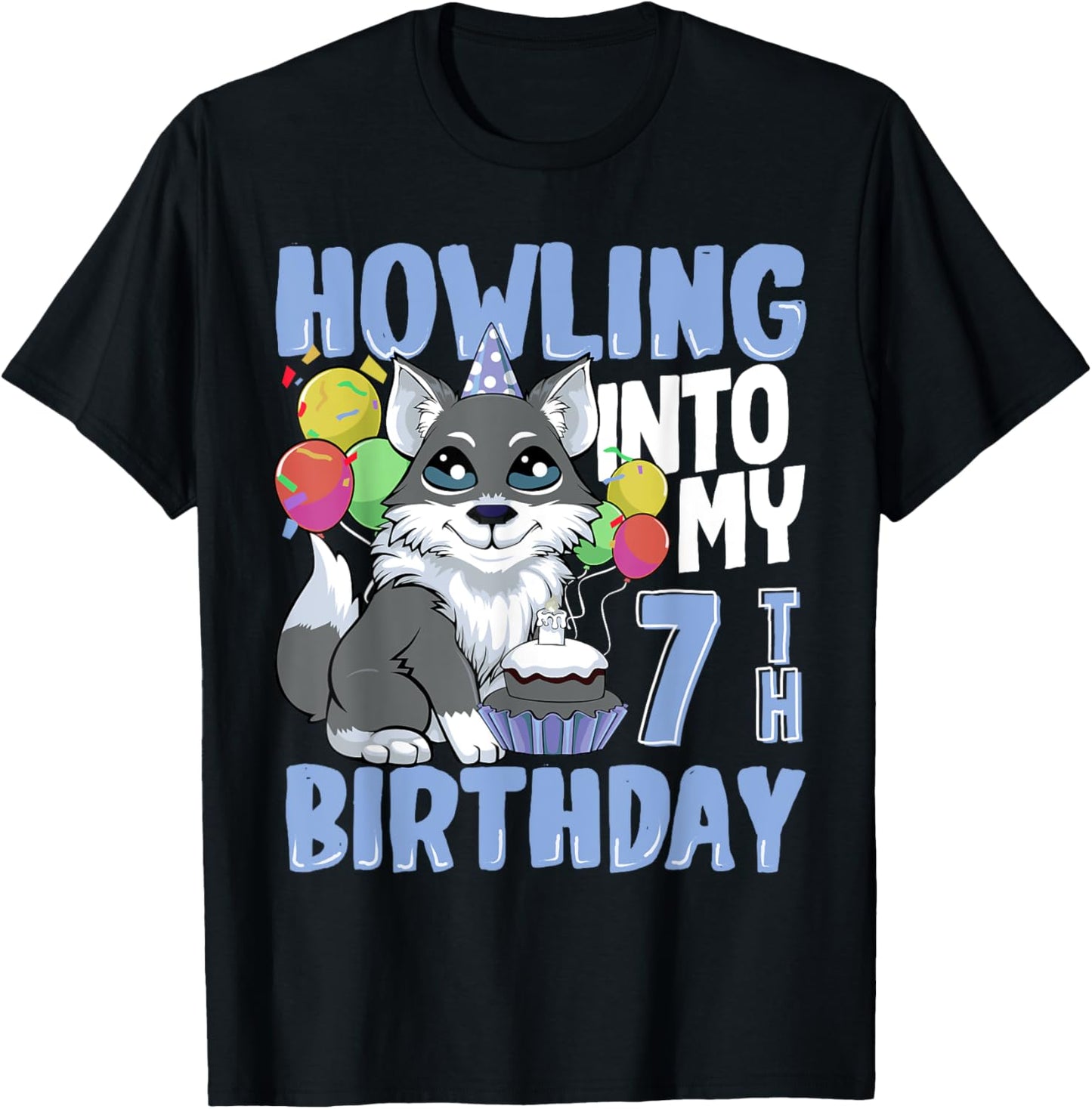 Wolf for 7 Year Old Birthday for 7th Birthday Wolf Kids Boys T-Shirt - T-Shirt | Black