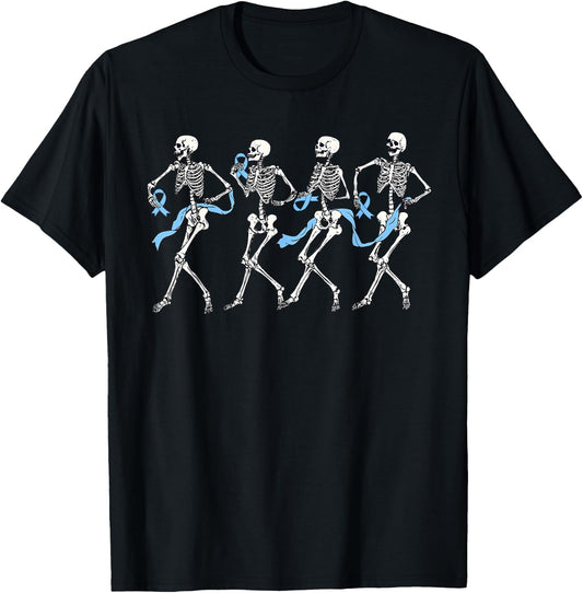 Halloween Prostate Cancer Funny Skeleton Blue Ribbon T-Shirt - T-Shirt | Black