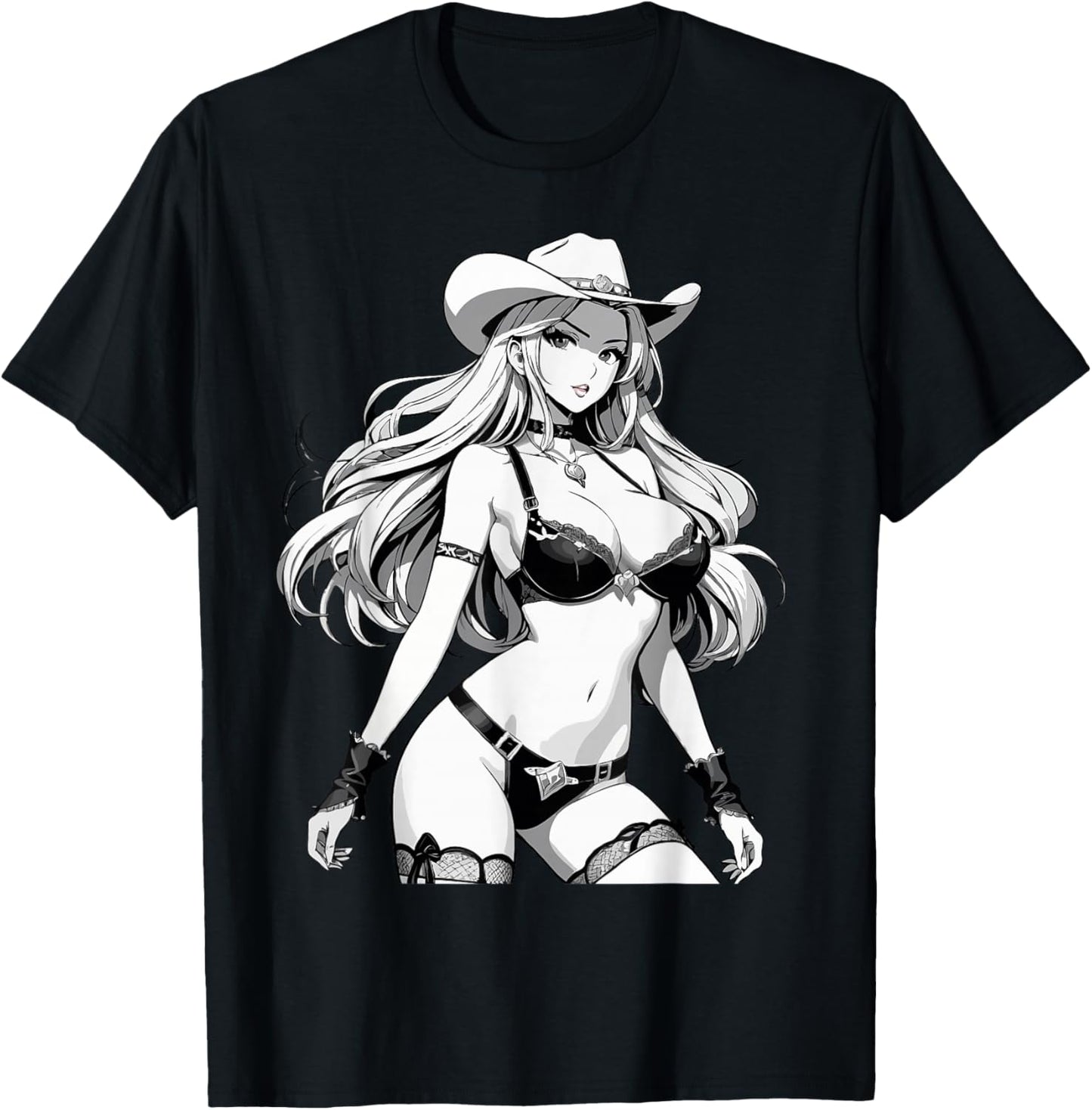 Sexy Waifu Anime Cowgirl Japanese in Black and White Art T-Shirt - T-Shirt | Black