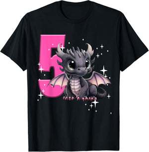 5th Birthday Shirt Dragon Party Birthday Girl Pink Five 5 T-Shirt - T-Shirt | Black
