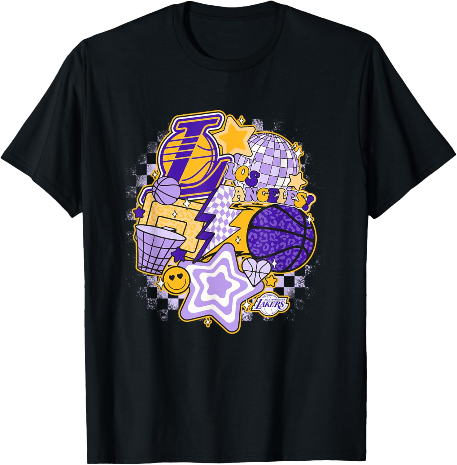 NBA Los Angeles Lakers Psychedelic Basketball Collage , Small, White T-Shirt - T-Shirt | Black