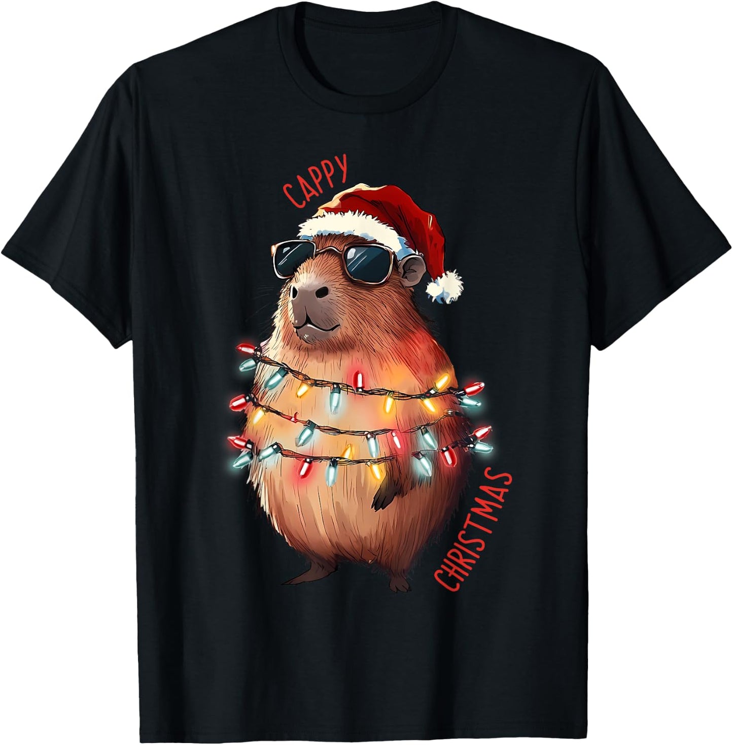 Cute Capybara Christmas Lights With sunglass Animal Lover T-Shirt - T-Shirt | Black
