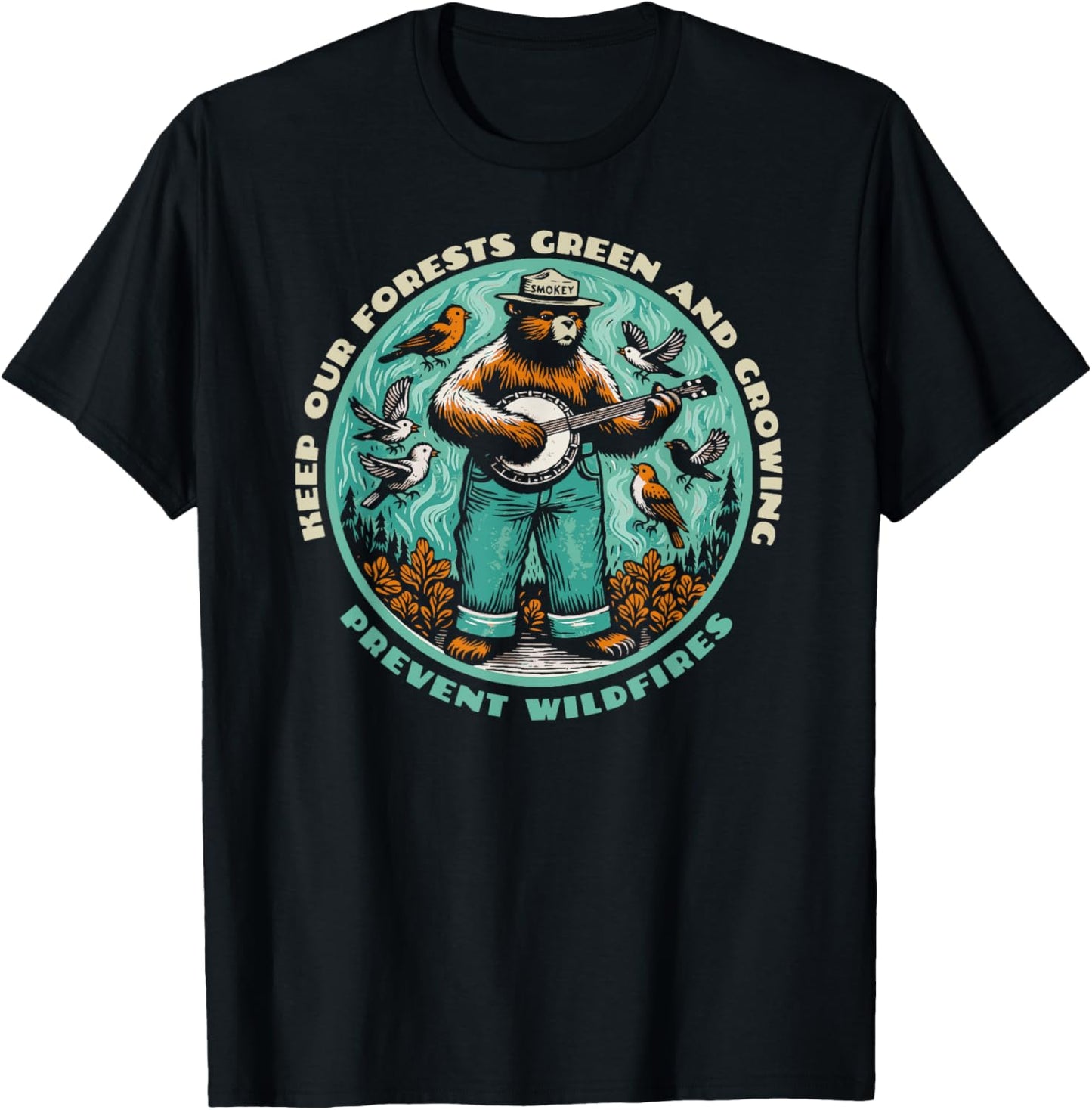 Prevent Wildfires Smokey Bear, Banjo & Birds T-Shirt - T-Shirt | Black