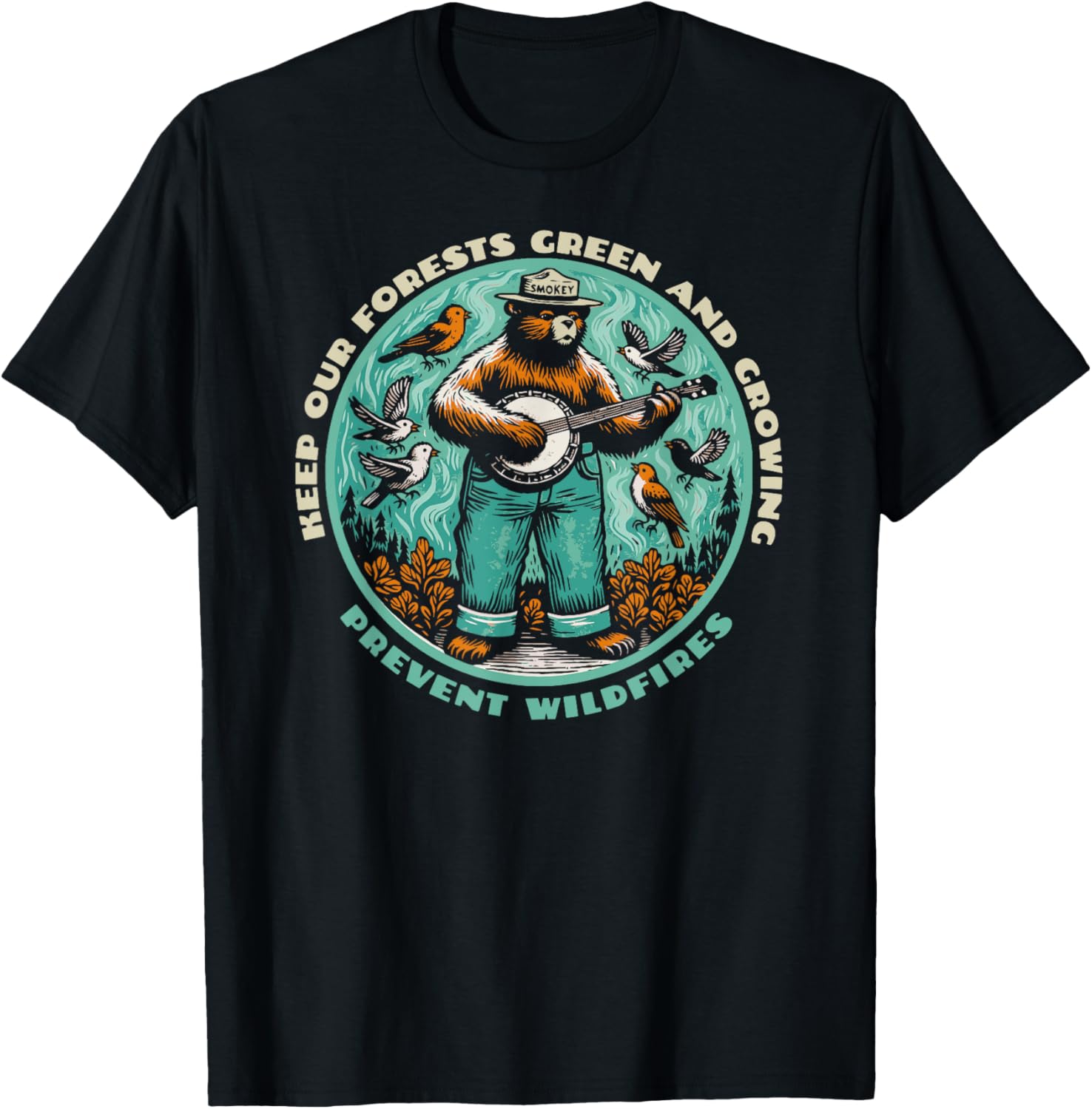 Prevent Wildfires Smokey Bear, Banjo & Birds T-Shirt - T-Shirt | Black