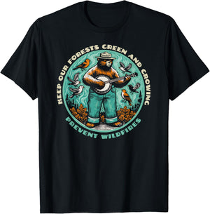 Prevent Wildfires Smokey Bear, Banjo & Birds T-Shirt - T-Shirt | Black