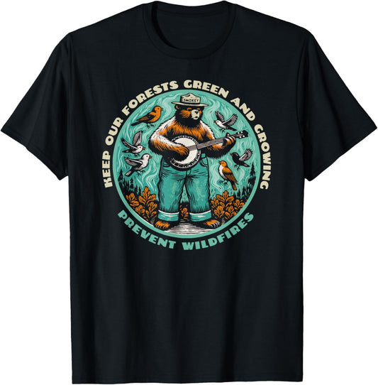 Prevent Wildfires Smokey Bear, Banjo & Birds T-Shirt - T-Shirt | Black