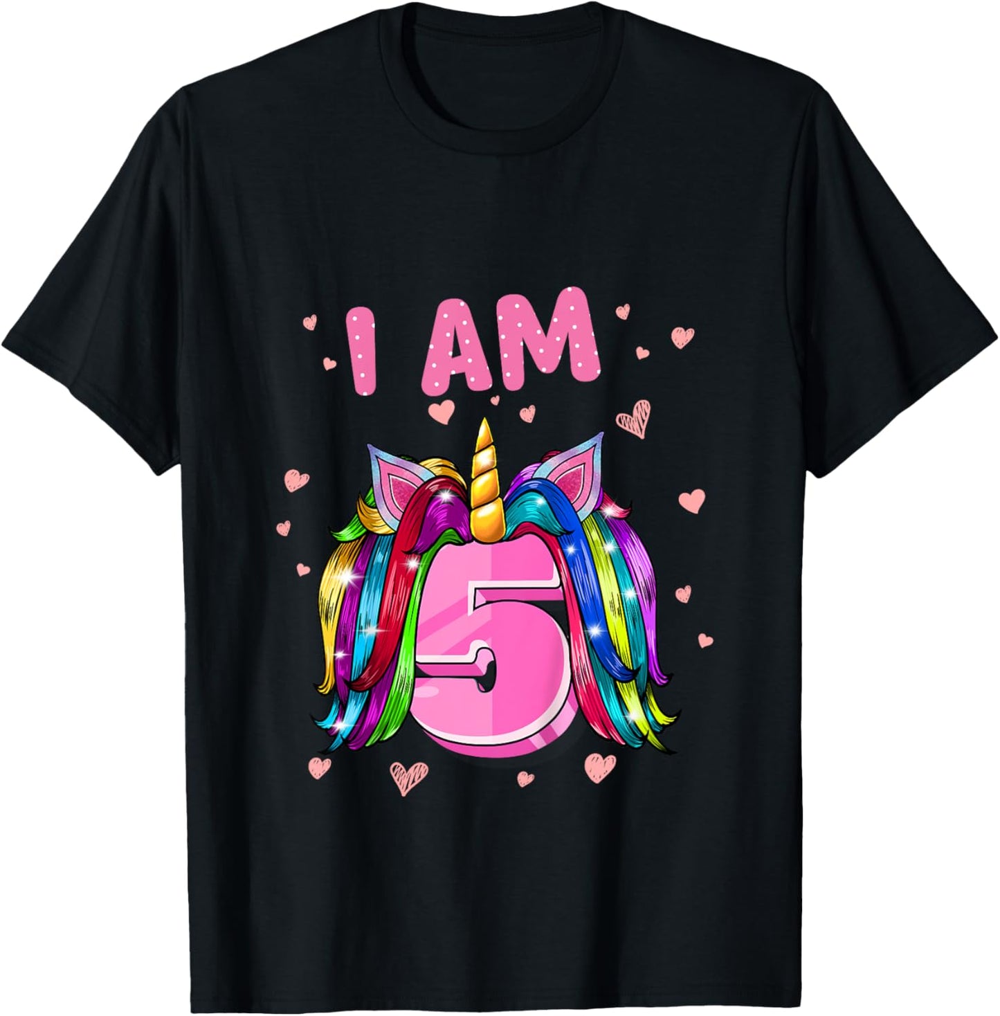 Girl 5th Birthday Unicorn I Am 5 T-Shirt - T-Shirt | Black
