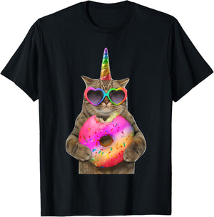 Humor cat with donut, Funny cat bites donut Women Kids T-Shirt - T-Shirt | Black