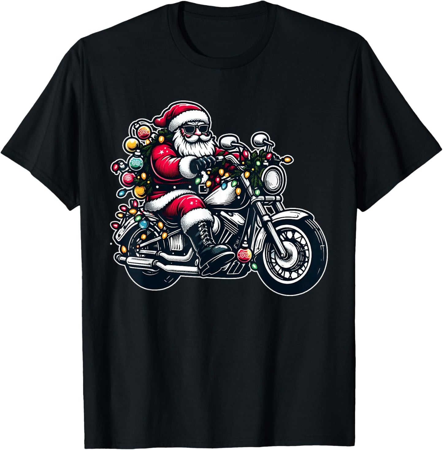 Santa Claus on Motorcycle Funny Biker Christmas Xmas Lights T-Shirt - T-Shirt | Black