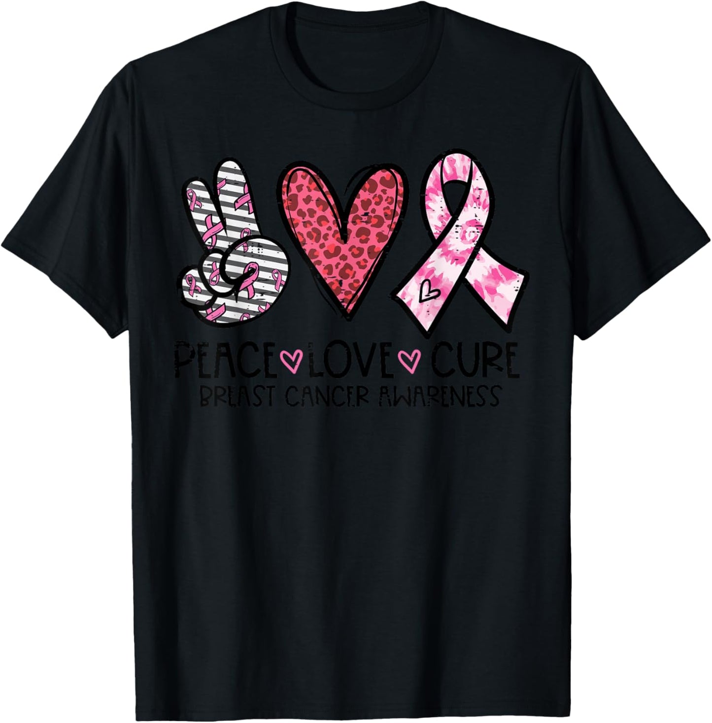 Breast Cancer Peace Love Cure Awareness Ribbon Women Men Kid T-Shirt - T-Shirt | Black