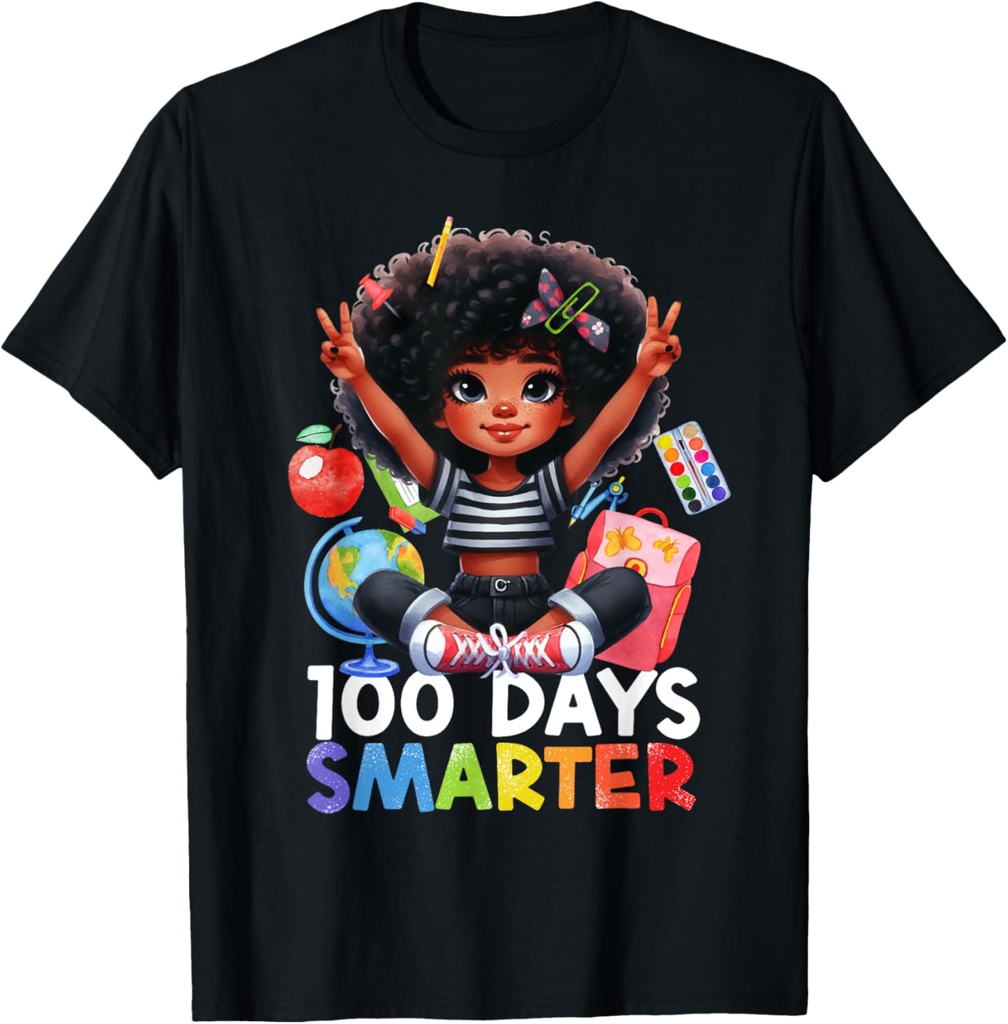 100th Day of School Afro Girls Messy Bun Hair Funny Girls T-Shirt - T-Shirt | Black