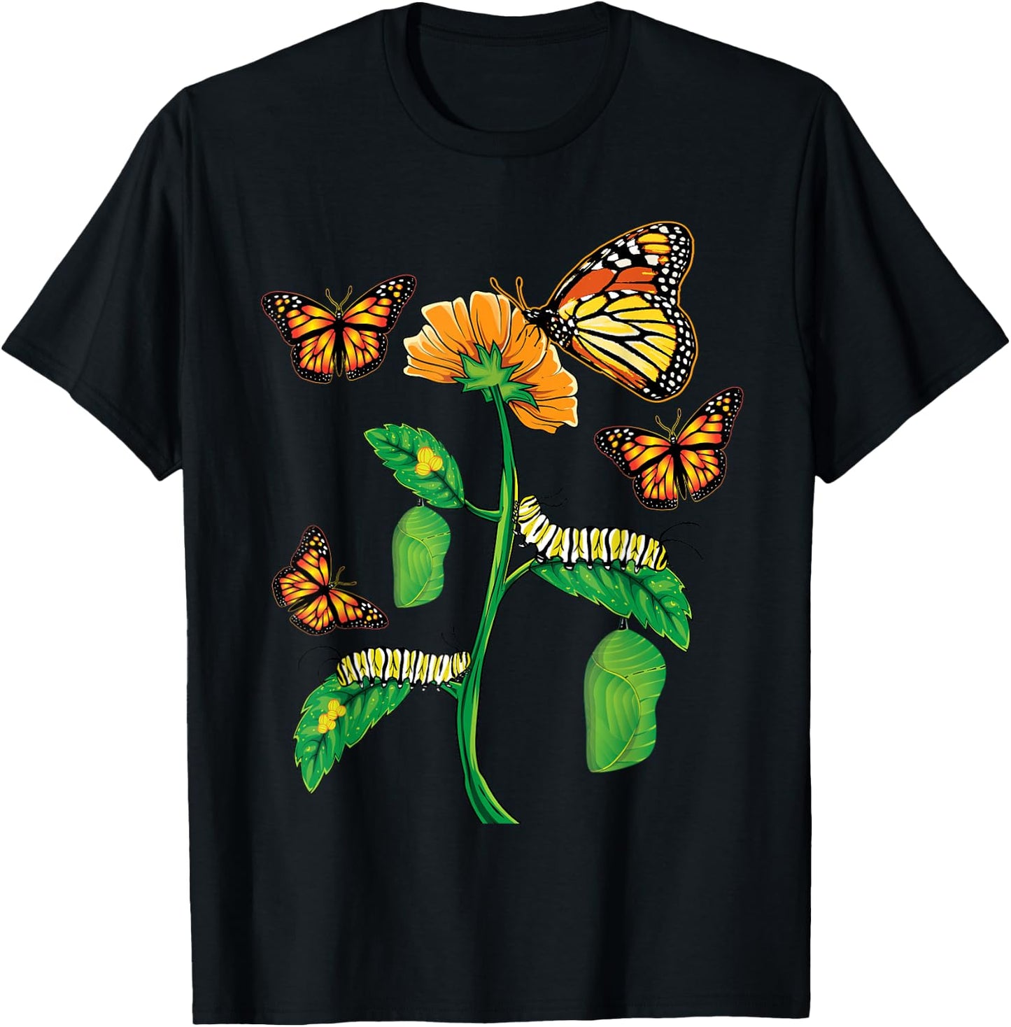 Monarch Butterfly Lover Life Cycle Metamorphosis Caterpillar T-Shirt - T-Shirt | Black