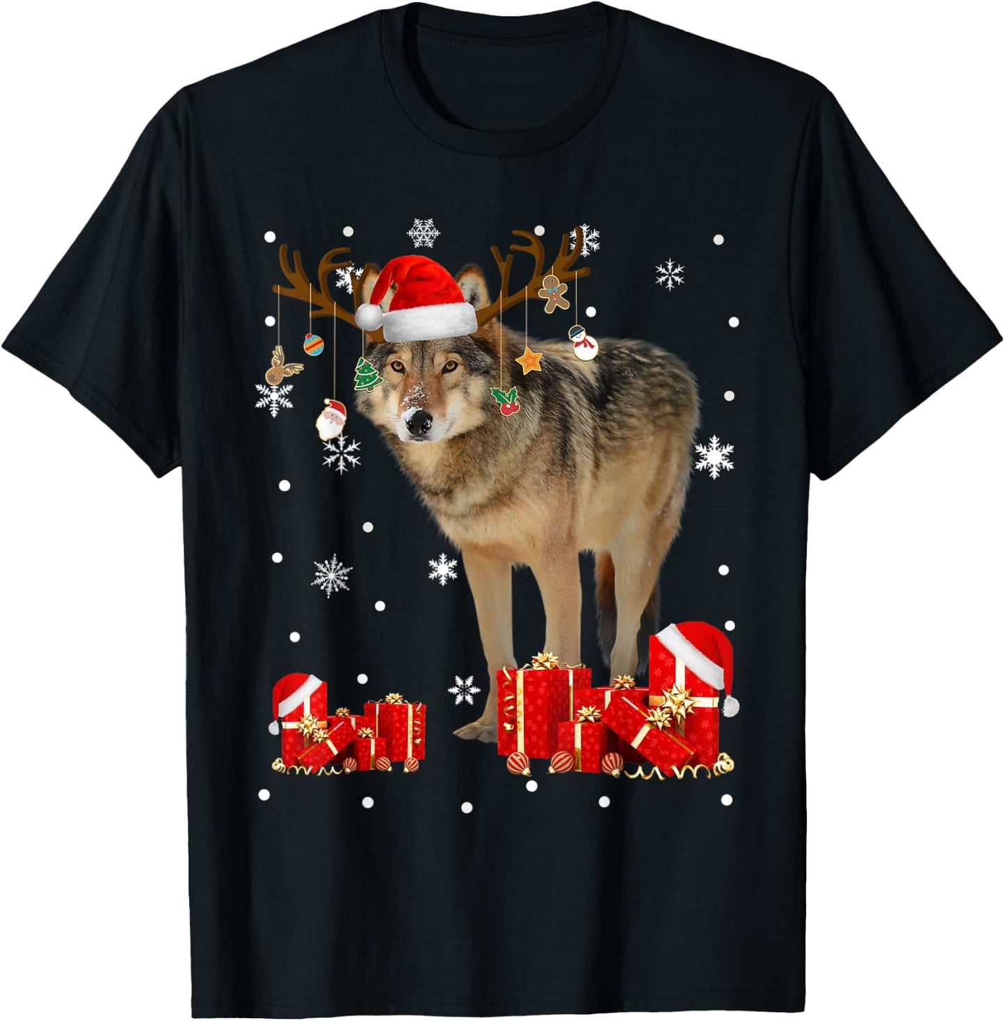 Christmas Wolf Funny Santa Reindeer Wolf Lover Gifts T-Shirt - T-Shirt | Black