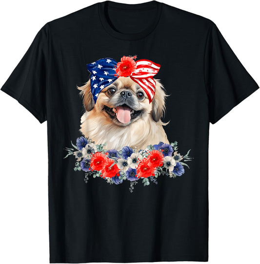Pekingese Dog Bandana American Flag 4th Of July Women Kids Men T-Shirt - T-Shirt | Black