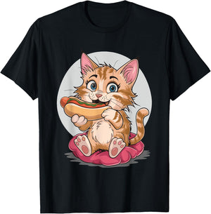 Cat Eating Hot Dog Women T-Shirt - T-Shirt | Black