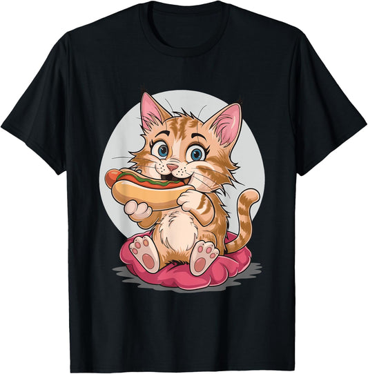 Cat Eating Hot Dog Women T-Shirt - T-Shirt | Black