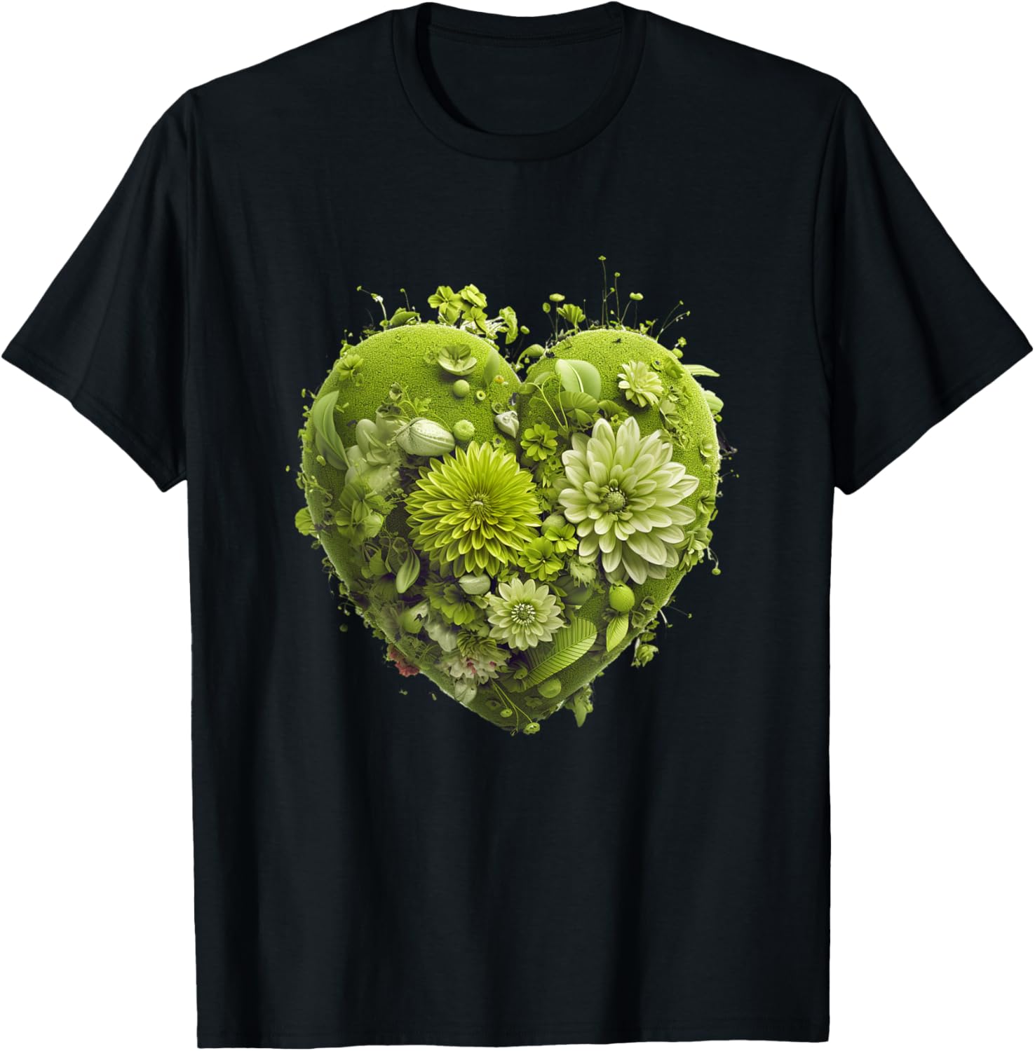 Cute Lime Green Heart Graphic Made of Flowers Girl T-Shirt - T-Shirt | Black