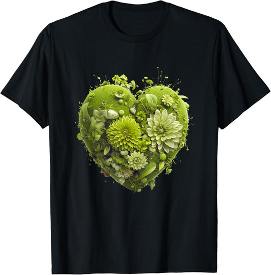 Cute Lime Green Heart Graphic Made of Flowers Girl T-Shirt - T-Shirt | Black