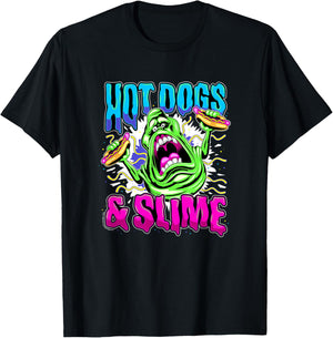 Ghostbusters Vintage Slimer Retro Hot Dogs & Slime Logo T-Shirt - T-Shirt | Black