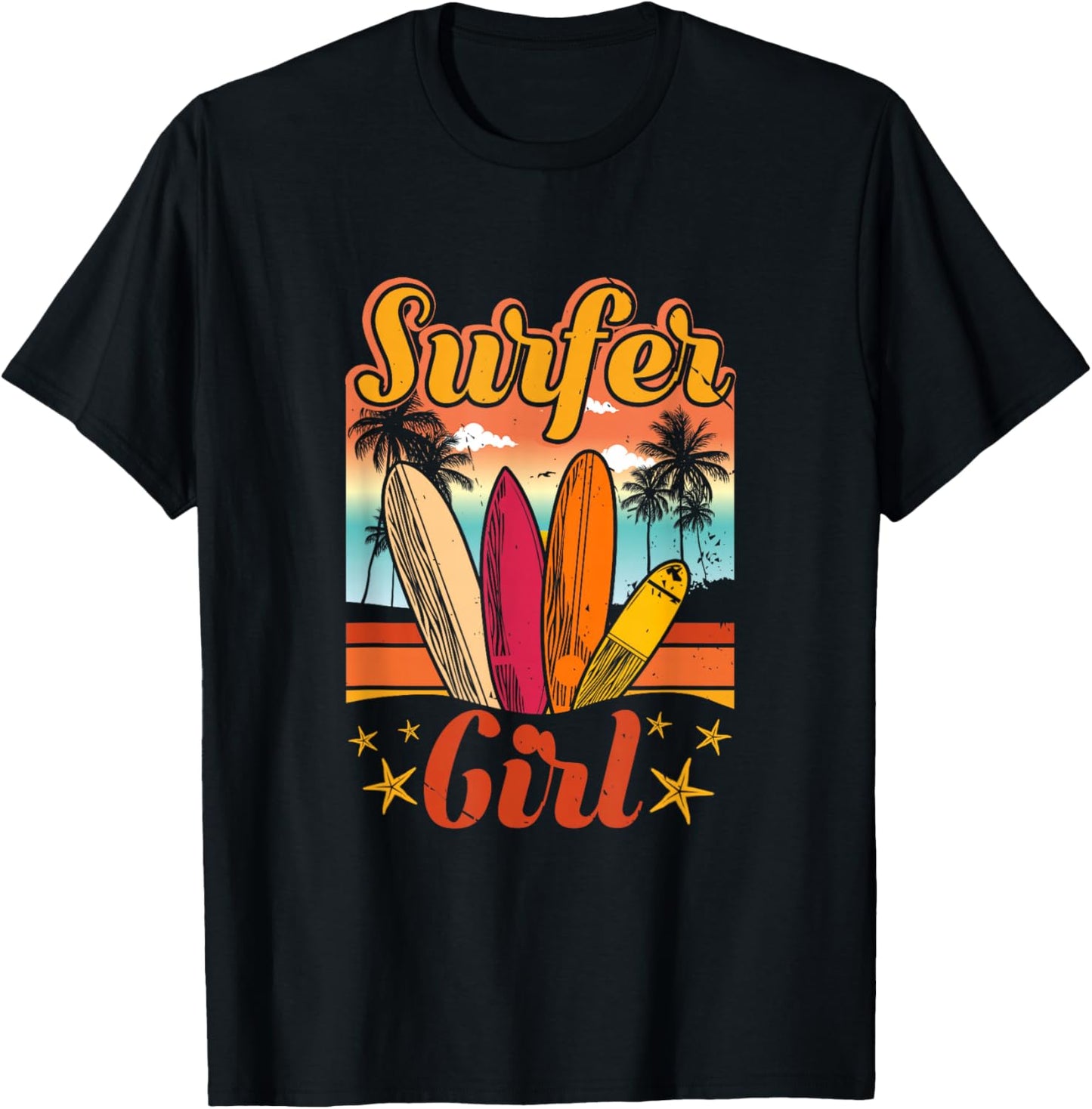 Surfer Girl Beach Retro 70s Vintage Surfing Vacation Summer T-Shirt - T-Shirt | Black