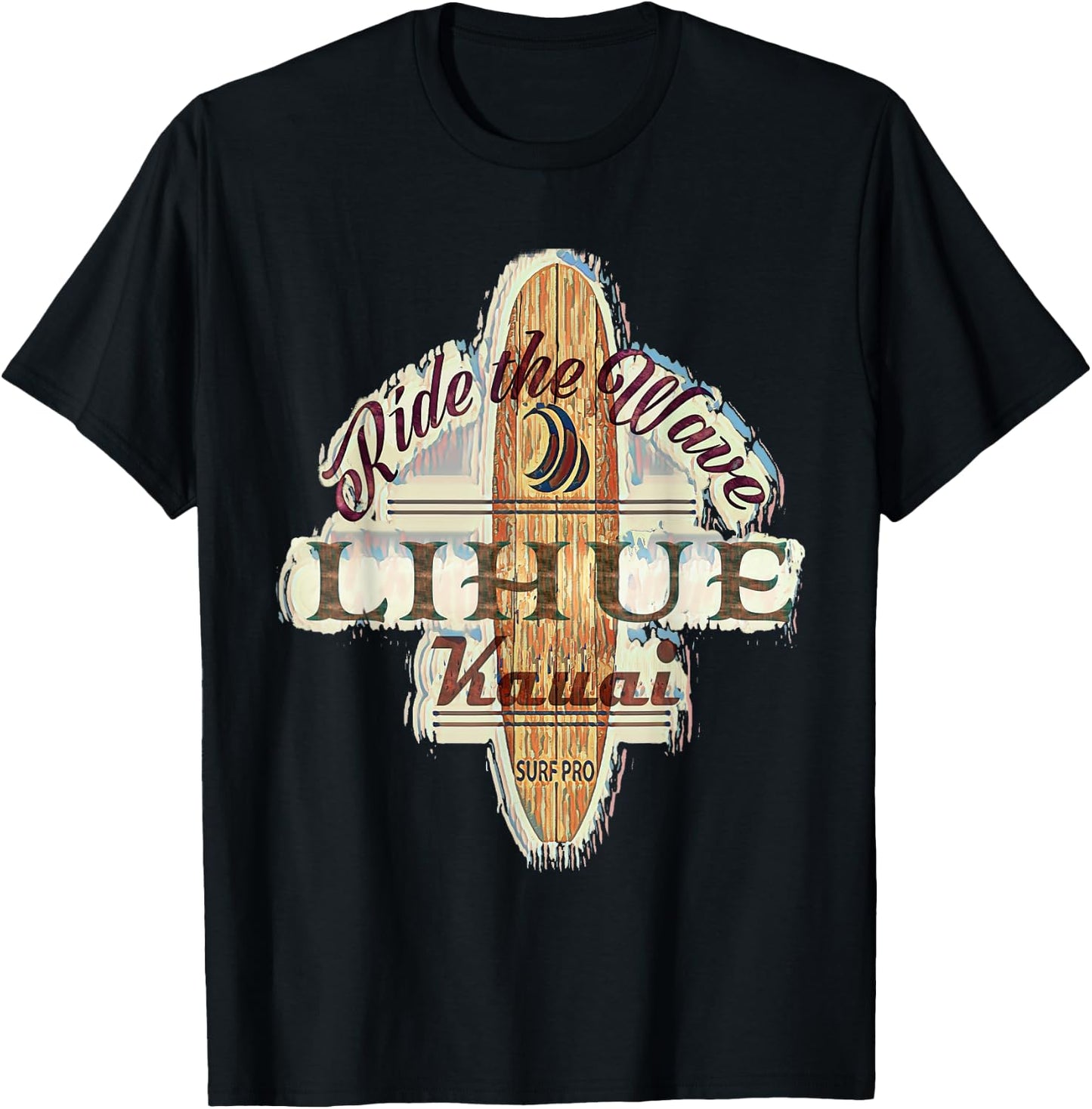 Surfing, Surfboard, Distressed Longboard Lihue Kauai T-Shirt - T-Shirt | Black