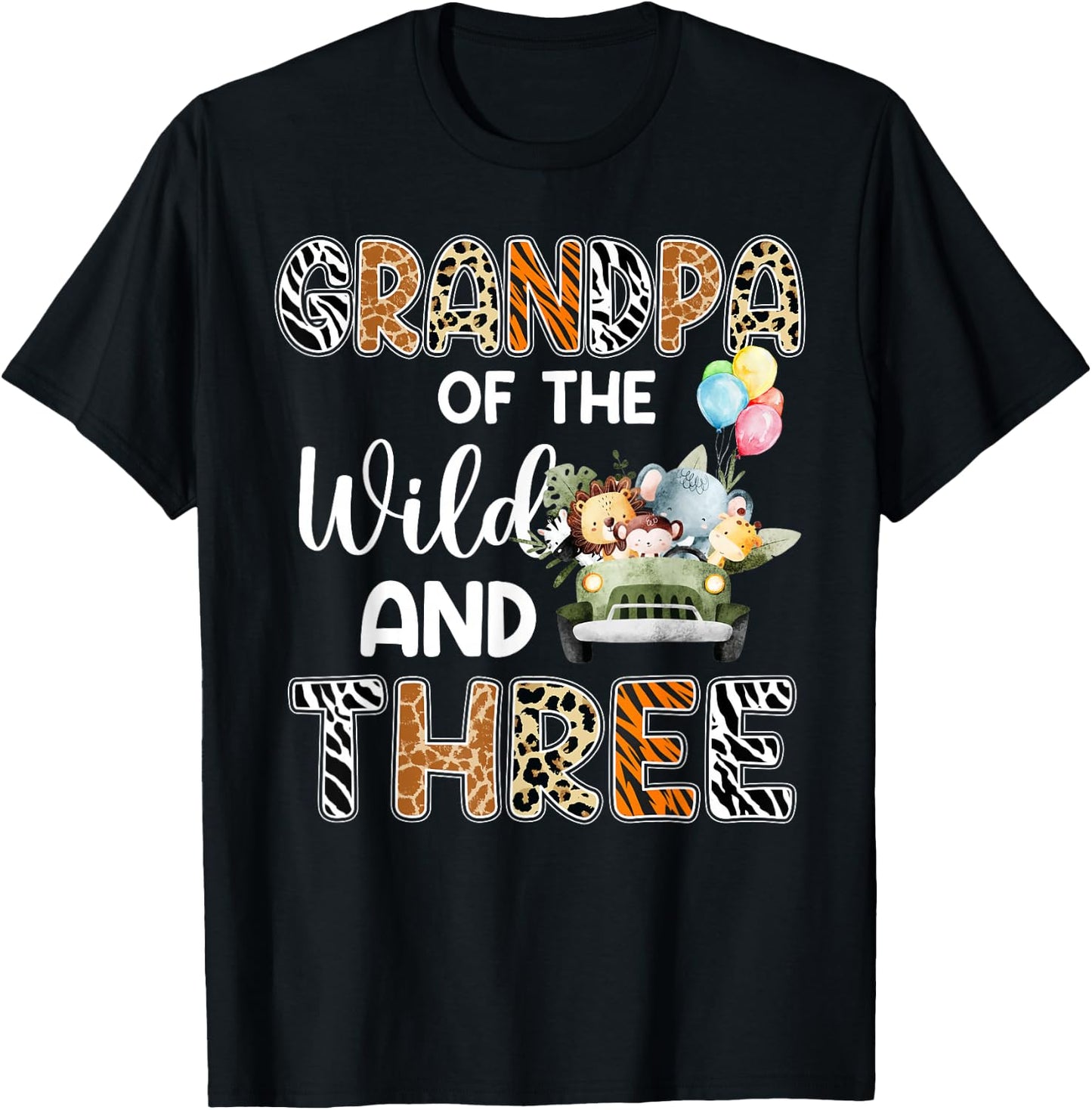 Grandpa Of The Wild and Three 3 Birthday Zoo Safari Jungle T-Shirt - T-Shirt | Black