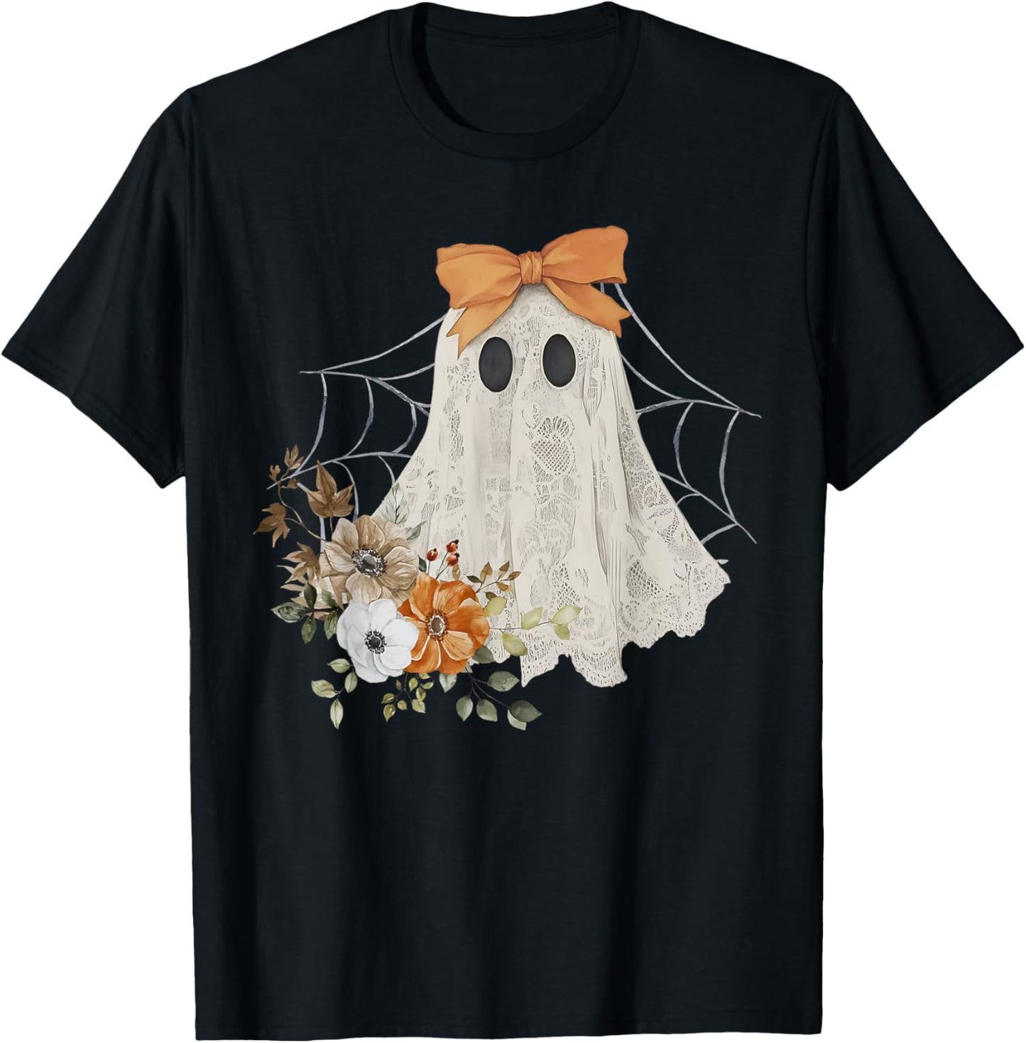 Coquette Ghost Halloween Flower Ghost Spooky Lace Ghost T-Shirt - T-Shirt | Black