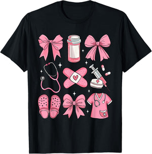 Nurse Valentines Day Coquette Bow Valentine Nurse RN PCT CNA T-Shirt - T-Shirt | Black