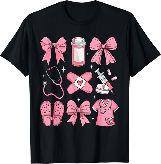 Nurse Valentines Day Coquette Bow Valentine Nurse RN PCT CNA T-Shirt - T-Shirt | Black