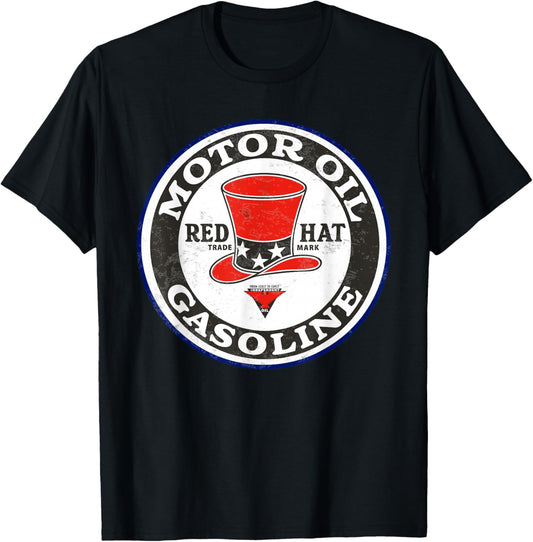 Retro Vintage Gas Station Red Hat Motor Oil Car Bikes Garage T-Shirt - T-Shirt | Black