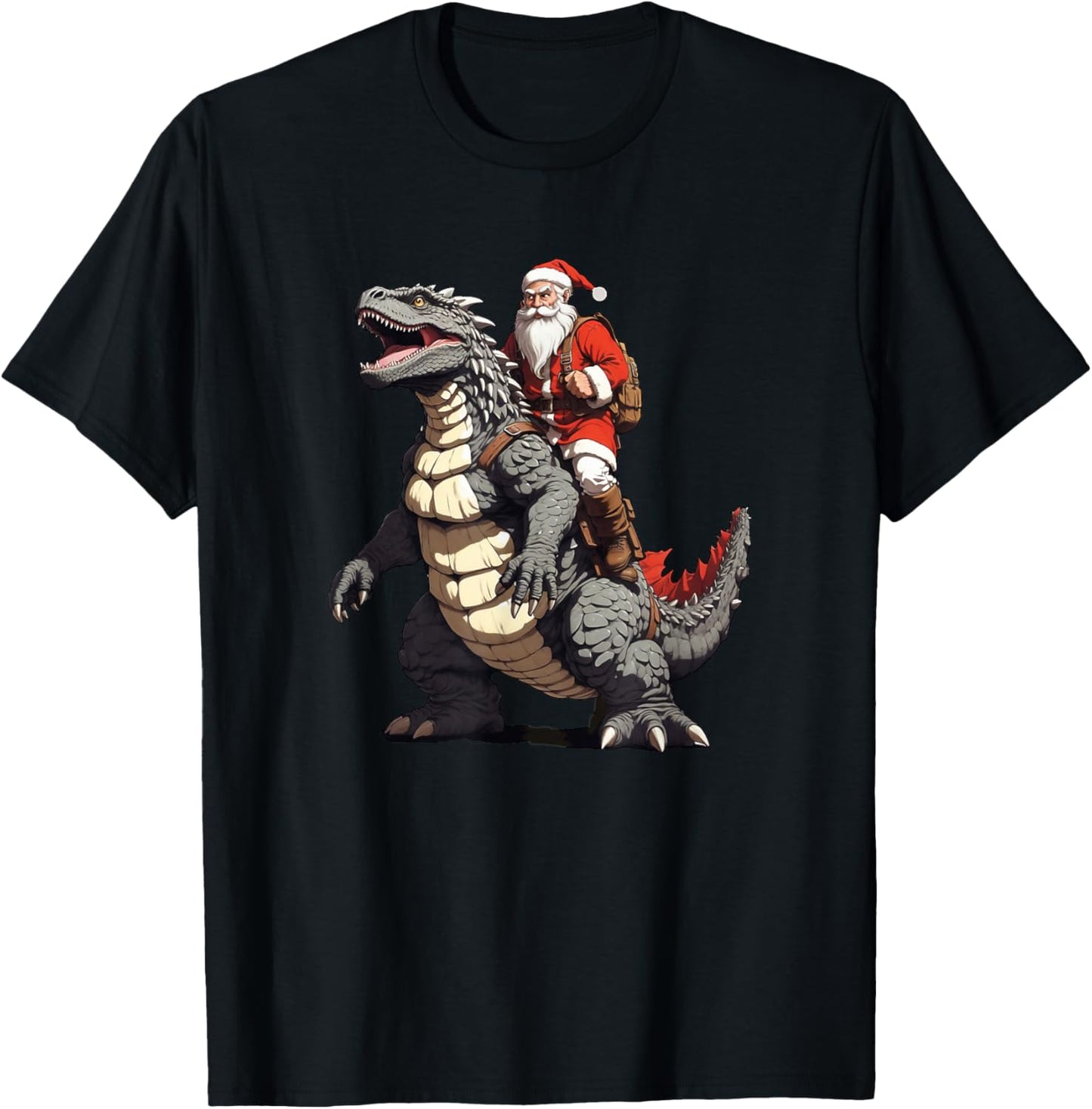 Santa Riding The Japanese Monster Kaiju for Christmas T-Shirt - T-Shirt | Black