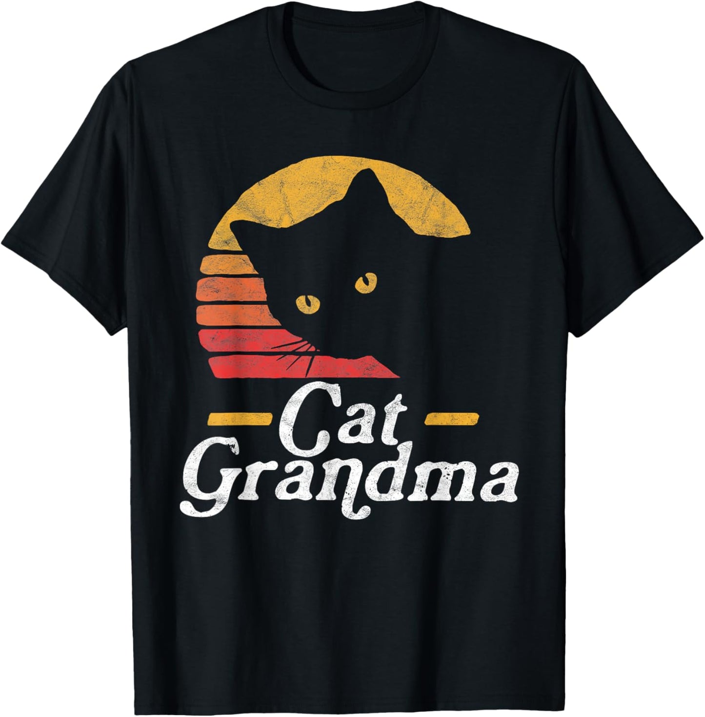 Cat Grandma Vintage Eighties Style Sun Cat Retro Distressed T-Shirt - T-Shirt | Black