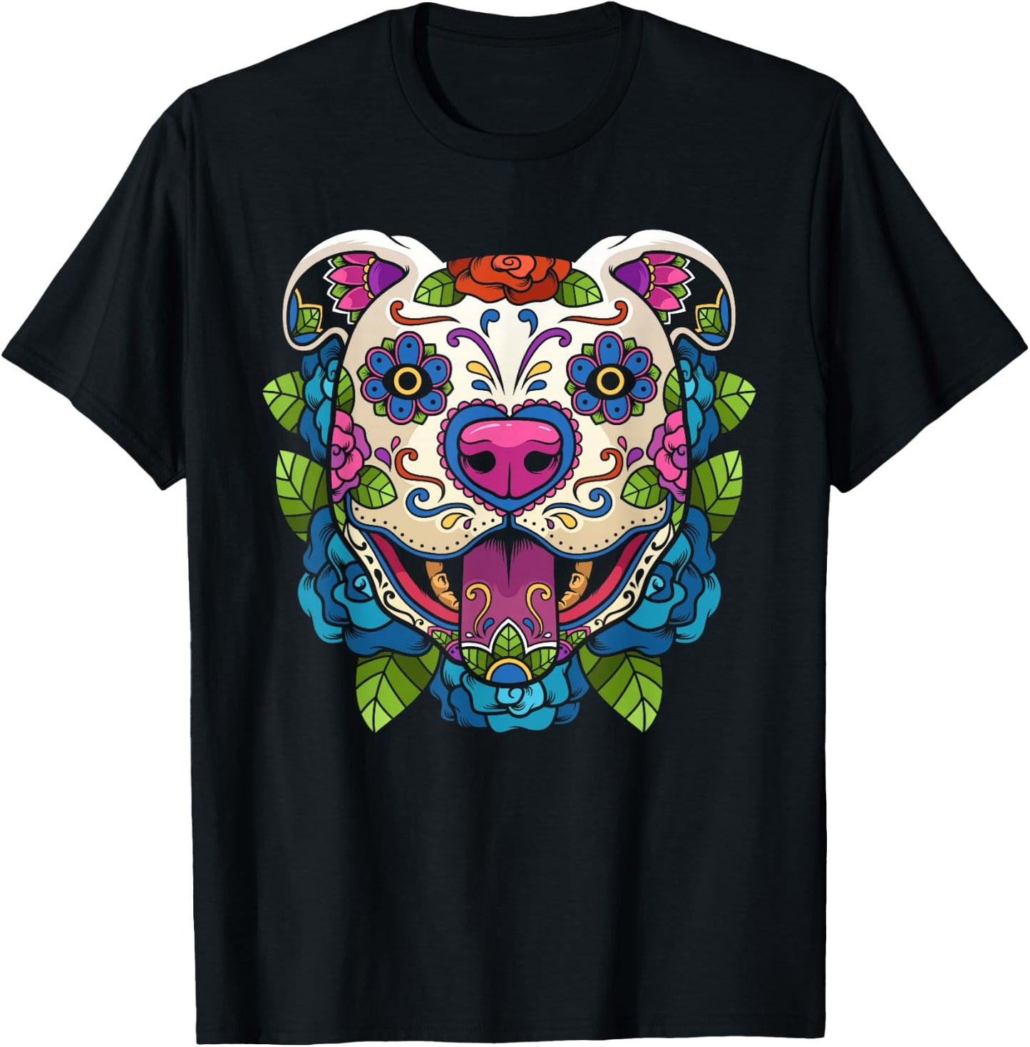 Pit Bull Sugar Skull Mexico Dog Calavera Dia De Los Muertos T-Shirt - T-Shirt | Black
