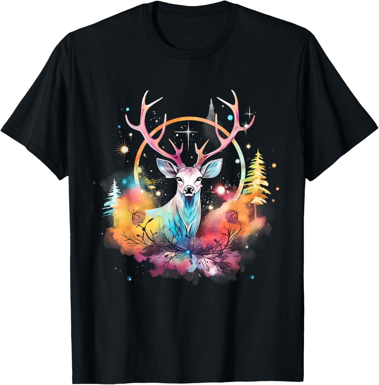 Deer Colourful Floral Motif Forest Nature Animal Lovers T-Shirt - T-Shirt | Black
