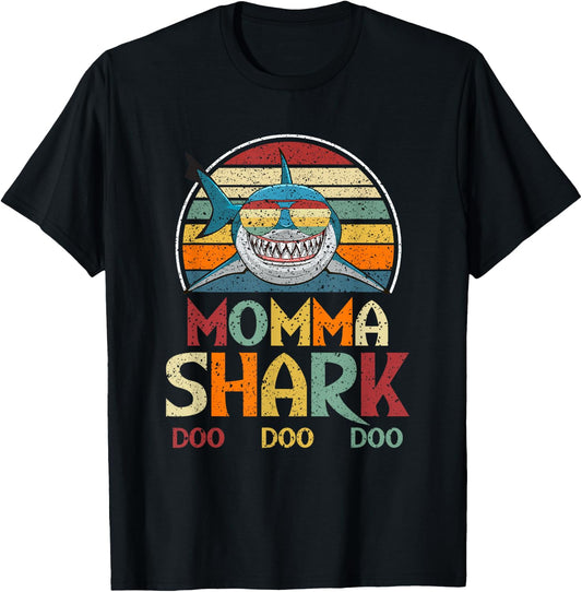 Retro Vintage Momma Shark Mom Gift T-Shirt - T-Shirt | Black
