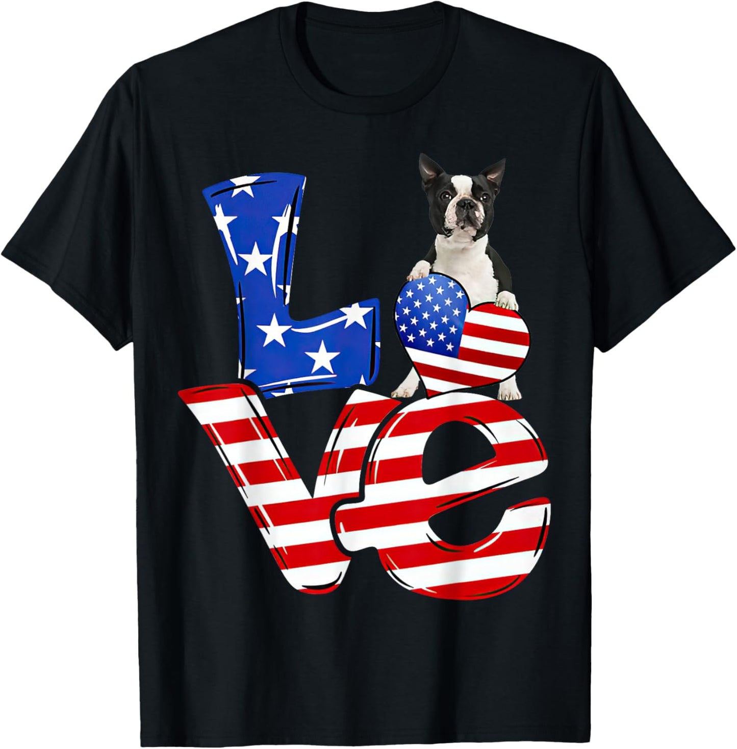 4th of July Patriotic LOVE Boston Terrier American Flag T-Shirt - T-Shirt | Black