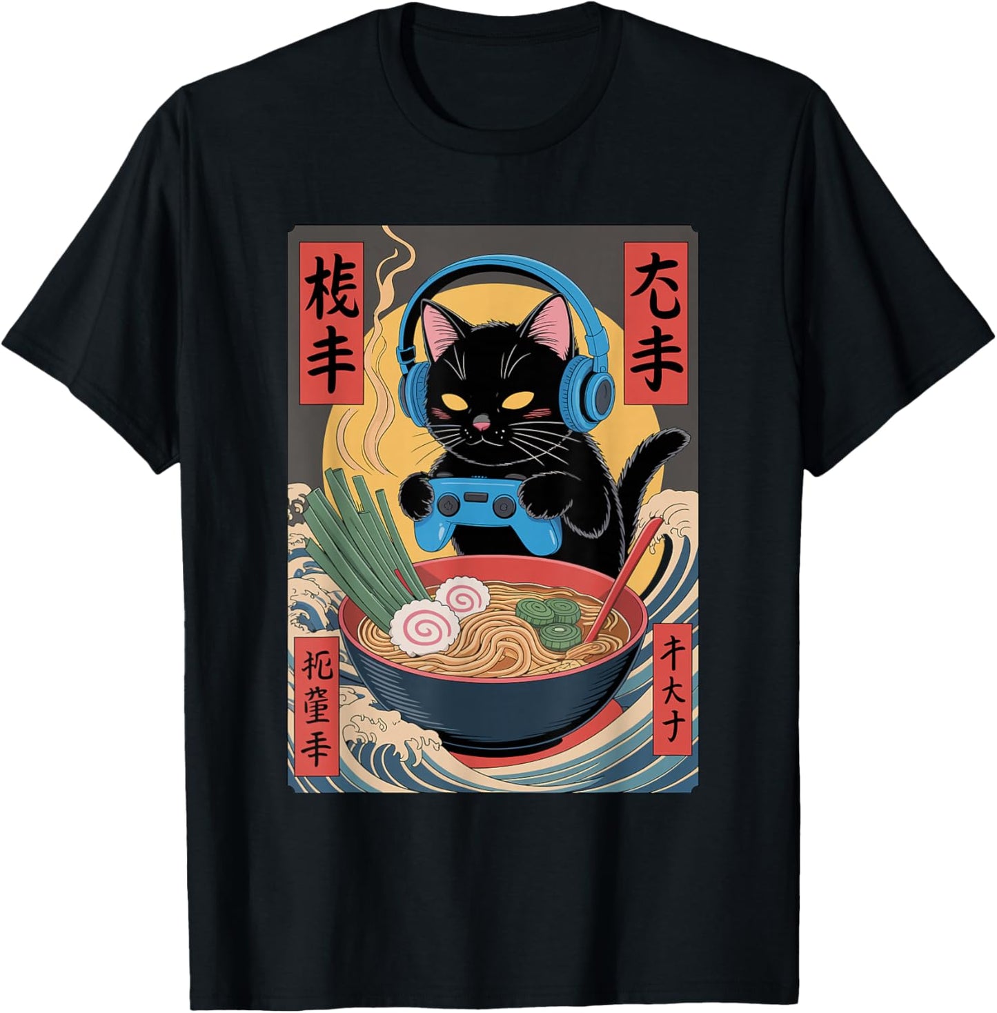 Cute Kawaii Gamer Cat Funny Ramen Retro Japanese Cat Gaming T-Shirt - T-Shirt | Black
