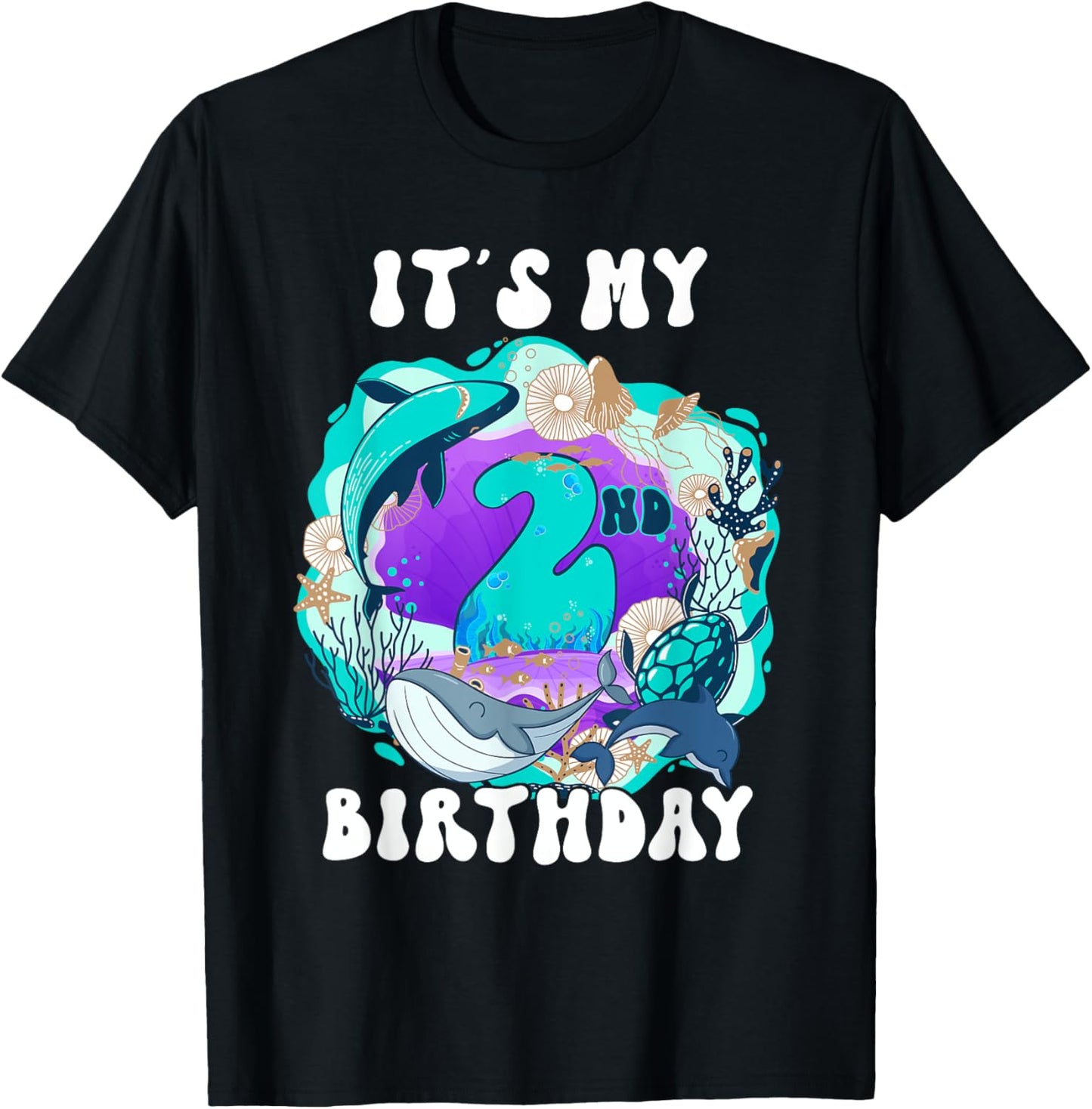 My 2 Year Old Ocean Life Whale Dolphin Shark 2nd Birthday T-Shirt - T-Shirt | Black