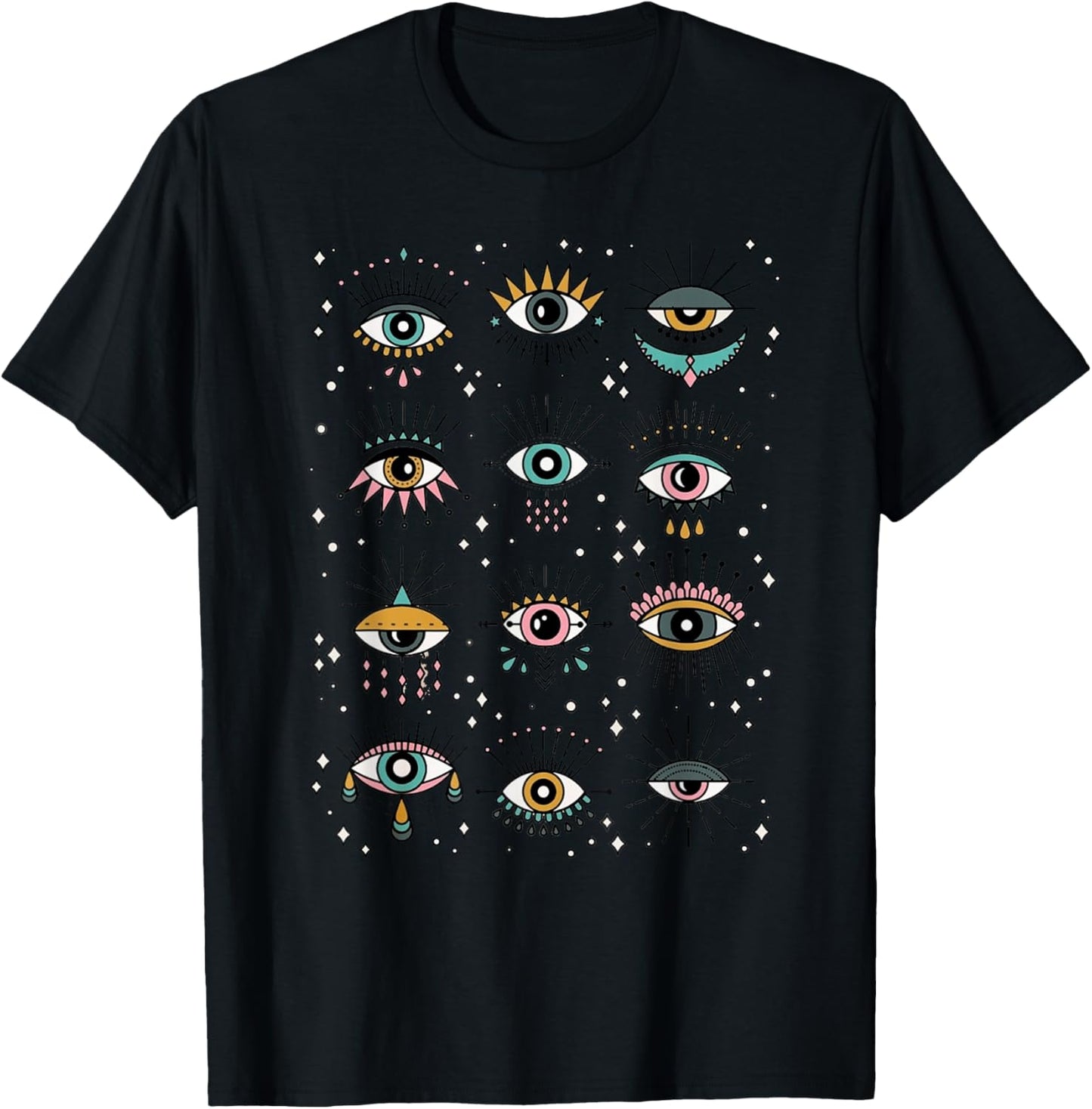 Colorful Squint And Closed Evil Eye Eyelashes Nazar Mati T-Shirt - T-Shirt | Black