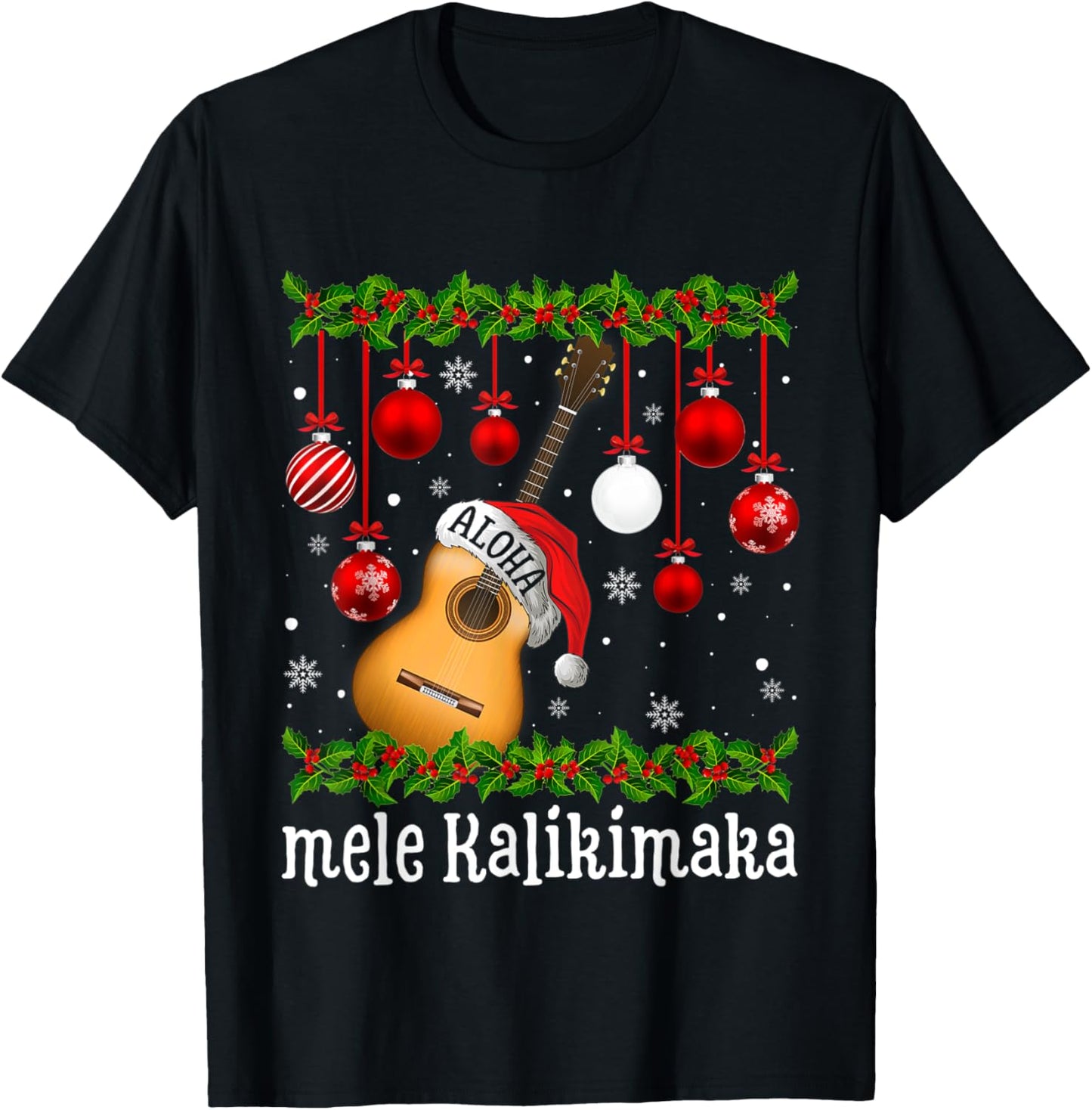 Funny Mele Kaliki Maka Christmas Tree Santa Guitar Hawaiian T-Shirt - T-Shirt | Black