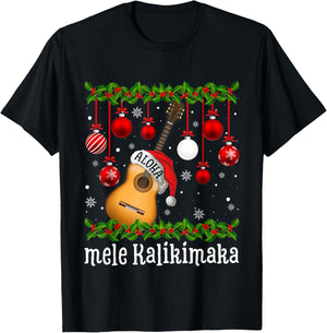 Funny Mele Kaliki Maka Christmas Tree Santa Guitar Hawaiian T-Shirt - T-Shirt | Black