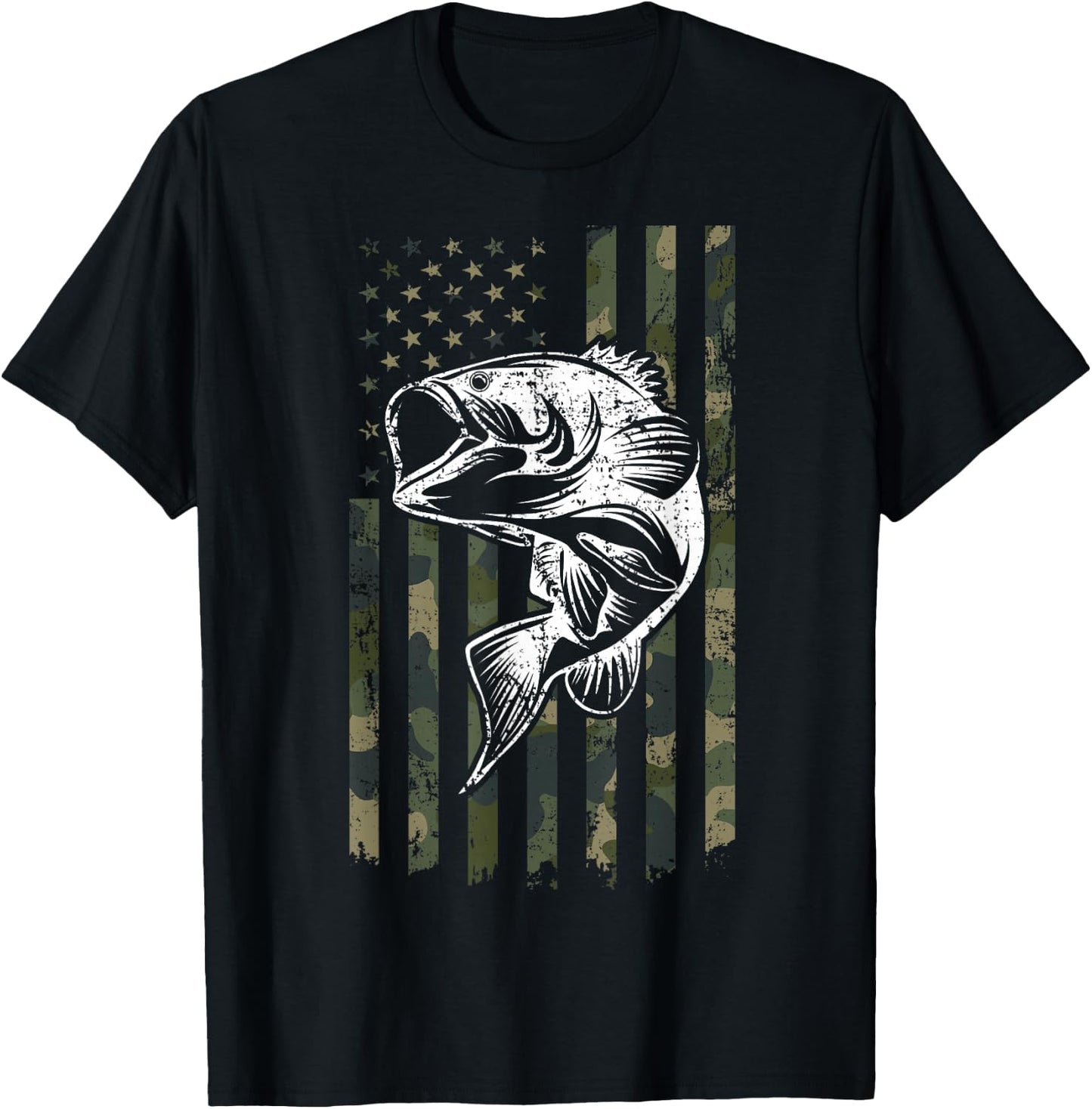 Large mouth Bass Fishing Camo American Flag USA Fisherman T-Shirt - T-Shirt | Black