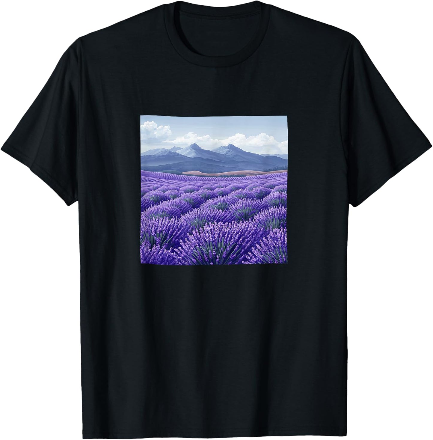 Lavender Fields In Bloom Vintage Landscape Graphic T-Shirt - T-Shirt | Black