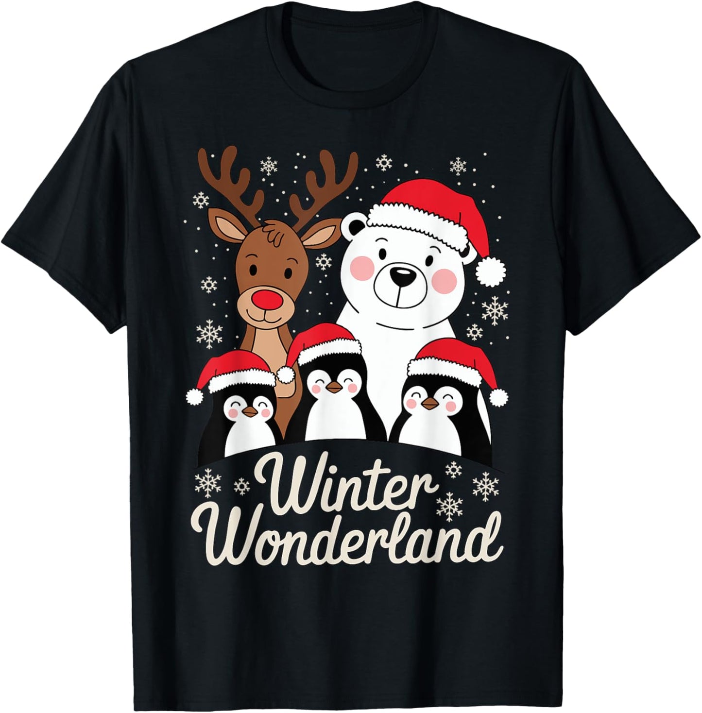Winter Wonderland Reindeer Polar Bear Penguin Xmas Art T-Shirt - T-Shirt | Black
