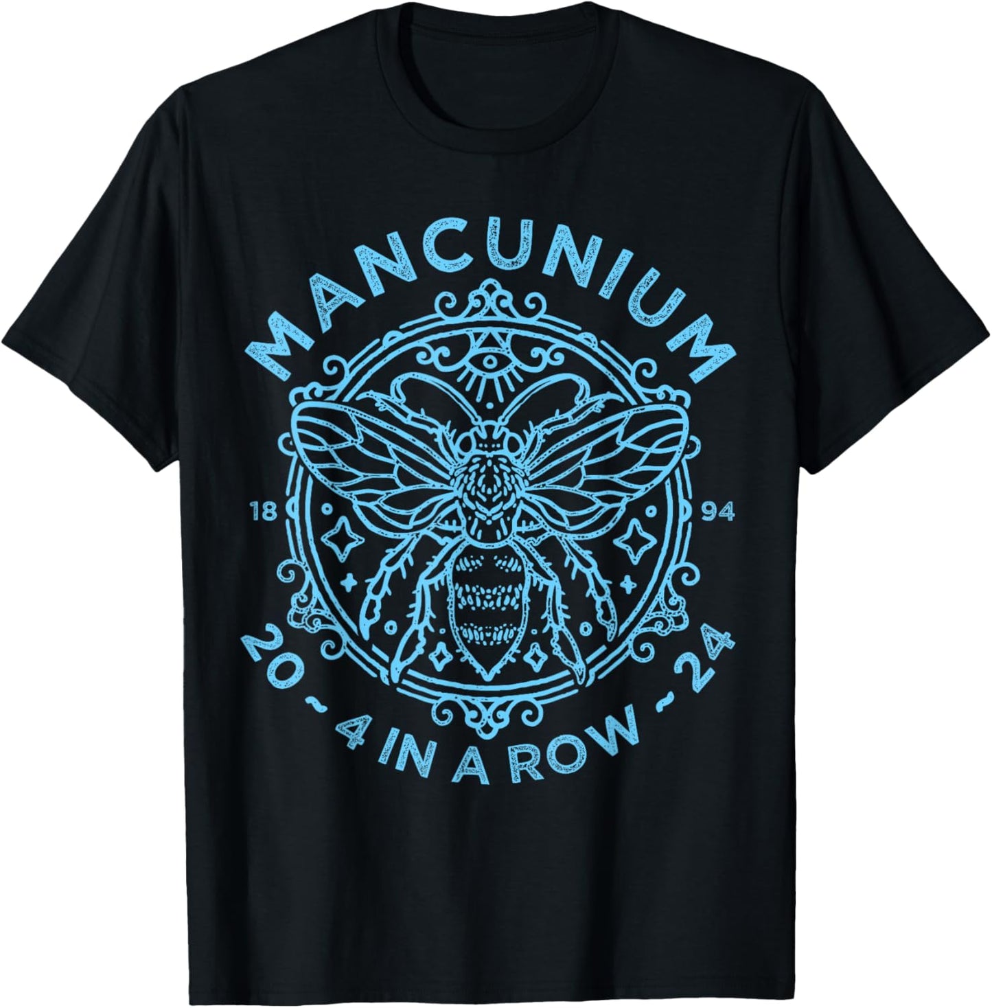 Mancunium, Four In A Row, Champions, City 2024 T-Shirt - T-Shirt | Black