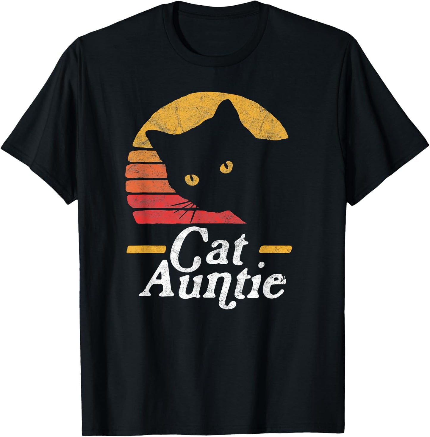Cat Aunt Vintage Eighties Style Sun Cat Retro Distressed T-Shirt - T-Shirt | Black
