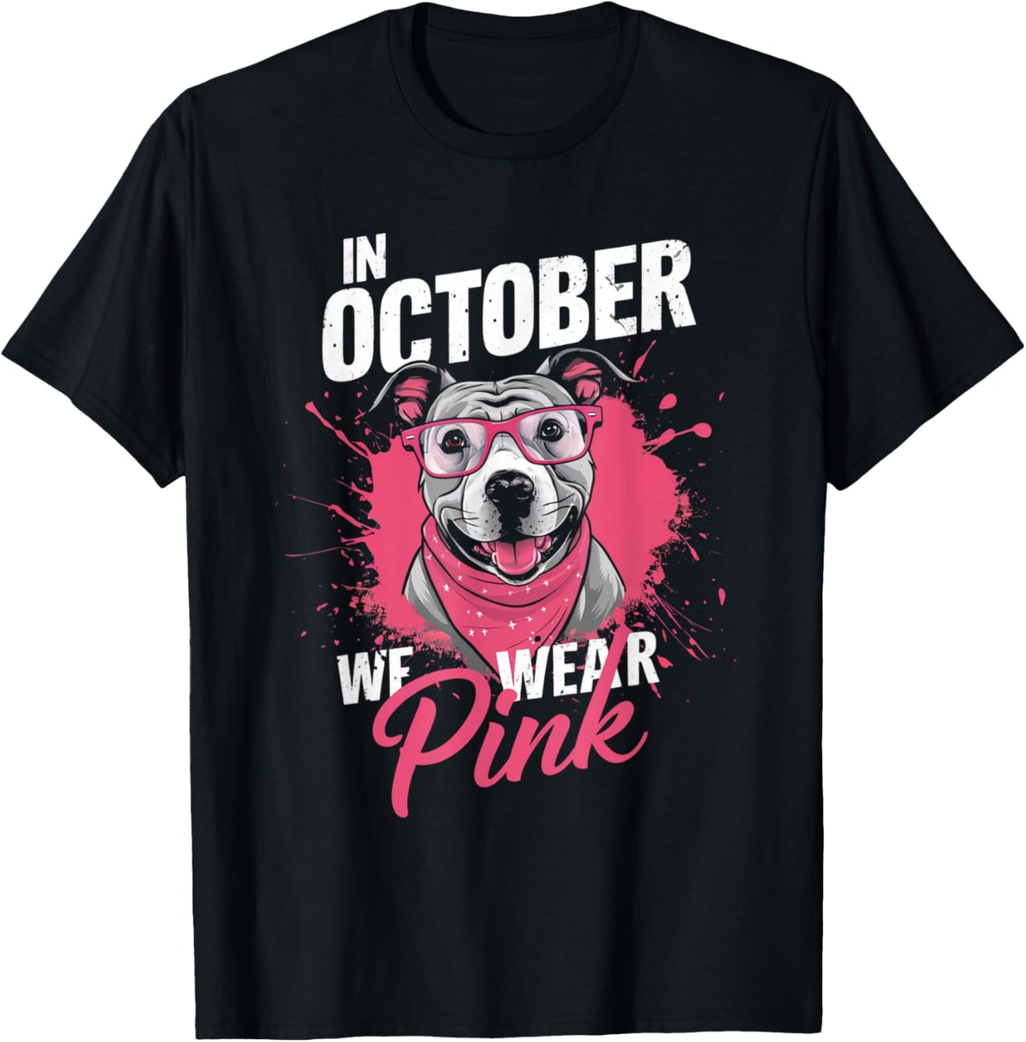 In October We Wear Pink Breast Cancer Awareness Pitbull Dog T-Shirt - T-Shirt | Black