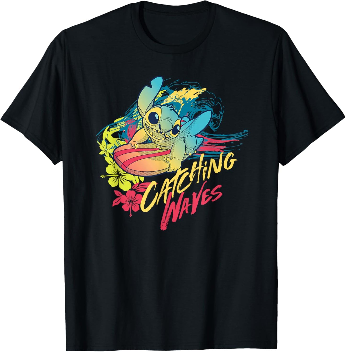 Disney Lilo & Stitch Beach Vibes Surfing Catching Waves T-Shirt - T-Shirt | Black